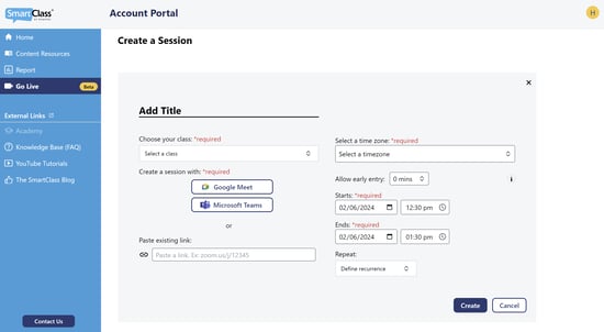 Create a live session in SmartClass