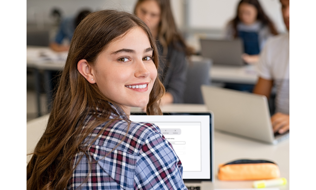 Smiling girl on language teaching platform