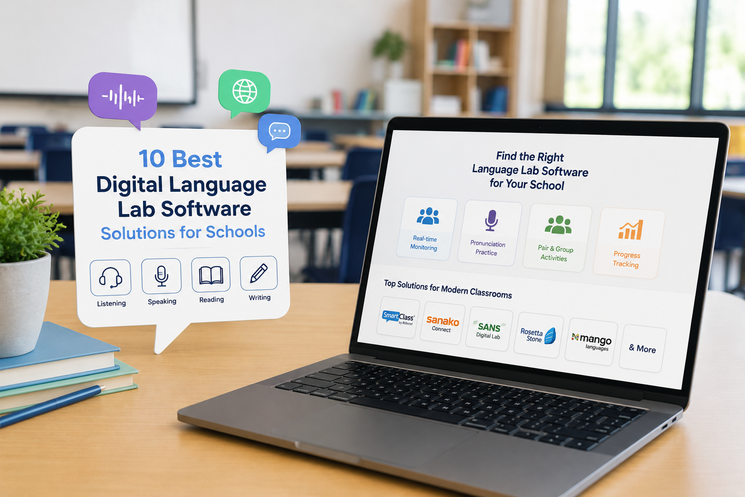 Students using digital language learning platforms in a classroom environment